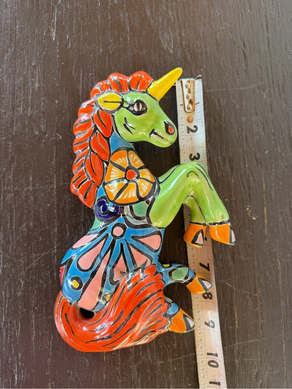 Hand-Painted Talavera Green and Orange Unicorn Wall Accent
